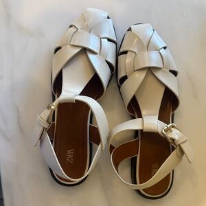 Zara White Braided Leather Ankle-Strap Sandals